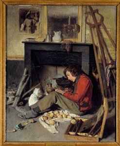 داخل الورشة رسام بالقرب من المدفأة. رسم أوكتاف تاسايرت (1800-1874) 1845 صن. 0،46x0،38 م