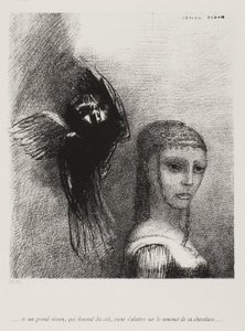 وعصفور كبير ، ينزل من السماء ، يلتف على قمة شعره ، اللوحة 3 من 10 ، 1888 بواسطة Odilon Redon