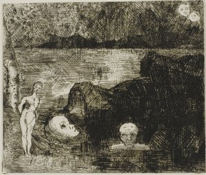 Dream Vision، c.1880 (النقش والنقطة الجافة على ورق منسوج عاجي) بواسطة Odilon Redon