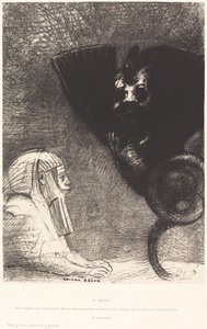Sphynx ... نظراتي التي لا يمكن لأي شيء أن ينحرف عنها ، تظل متوترة من خلال الأشياء في أفق يتعذر الوصول إليه. La Chimere: Moi ، Je suis legere et joie (أبو الهول: "نظراتي التي لا يمكن أن ينحرف عنها شيء ، تمر عبر الأشياء وتبقى ثابتة على بواسطة Odilon Redon