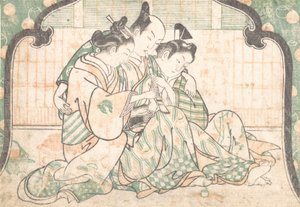 شاب جالس بين امرأتين ، كاليفورنيا. 1749. ، كاليفورنيا. 1749. بواسطة أوكومورا ماسانوبو