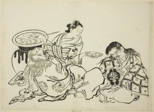 المحظية Plying Shojo مع Sake ، لا. 4 من سلسلة من 12 مطبوعة بواسطة أوكومورا ماسانوبو