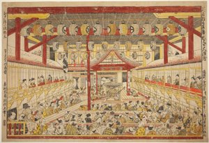 صورة من منظور كبير لأداء Kaomise على مسرح Kabuki (Shibai kyogen butai kaomise o uki-e) بواسطة أوكومورا ماسانوبو
