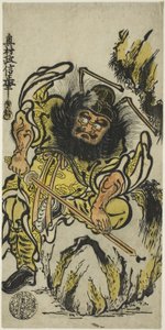 Shoki the Demon Queller يشحذ سيفه ، حوالي عام 1725 (طباعة خشبية ملونة باليد ؛ هوسوبان ، أوروشي) بواسطة أوكومورا ماسانوبو