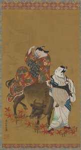 ممثلان كابوكي في أدوار مومس على جاموس ماء وكاهن متجول ، 1686-1764. بواسطة أوكومورا ماسانوبو