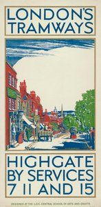 'Highgate by Services 7، 11 and 15' ، ملصق مجلس مقاطعة لندن LCC Tramways ، 1924 بواسطة أوليفر بوريدج