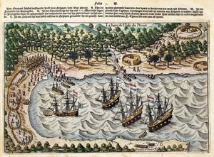 منظر للسفينة الهولندية في الميناء ، c.1598-1602 بواسطة أوليفييه فان نورت