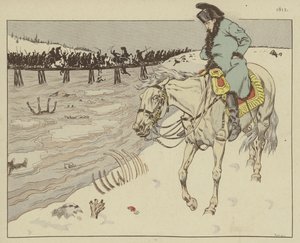 نابليون يراقب بقايا ذراعه الكبير وهو يركب نهر بيريزينا أثناء التراجع من موسكو ، 1812 بواسطة وظيفة Onfray de Breville