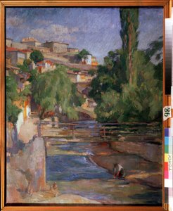 "" المناظر الطبيعية مع الجسر والنهر "لوحة لأوسيب إيمانويلوفيتش براز (1872-1936) متحف الدولة للفنون 1912 ، تومسك