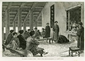 حفل زفاف في تونكين. نقش لتوفاني ، لتوضيح قصة Trente mois au Tonkin ، في عام 1884 ، بواسطة الدكتور بول هوكوارد ، في le Tour du monde 1890 ، تحت إشراف Edouard Charton (1807-1890) ، Hachette ، باريس. بواسطة أوزوالدو توفاني
