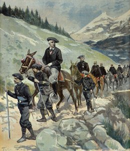 فيليكس فور مع صيادي جبال الألب في رحلة إلى جبال الألب عام 1897 (نقش)