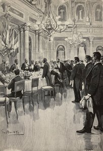 Italian diplomats toasting together, Paris, France, engraving from drawing by Gennaro Amato, from sketch by Osvaldo Tofani, from L