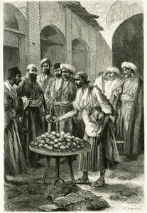 تاجر صيد الأسماك في كاتشان (أو كاشان ، في محافظة طهران ، إيران الحالية). نقش توفاني ، من صورة فوتوغرافية ، لتوضيح قصة "بلاد فارس ، تشالدي وسوسيان" في 1881-1882 ، بواسطة جين ديولافوي (ني ماغري) بواسطة أوزوالدو توفاني