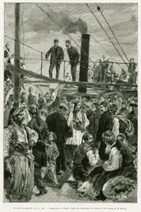 سطح السفينة. نقش لتوفاني لتوضيح قصة رحلة إن ثيسالي في عام 1882 ، بقلم بول مونسو ، في جولة موندي 1887 ، من إخراج إدوارد شارتون (1807-1890) ، هاشيت ، باريس. بواسطة أوزوالدو توفاني