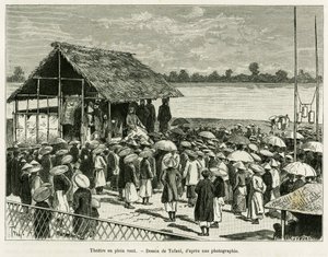 المسرح في مهب الريح. نقش لتوفاني ، بعد صورة فوتوغرافية ، لتوضيح قصة Trente mois au Tonkin ، في عام 1884 ، بواسطة الدكتور بول هوكوارد ، في le Tour du monde 1890 ، تحت إشراف Edouard Charton (1807-1890) ، Hachette ، باريس. بواسطة أوزوالدو توفاني