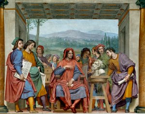 Laurent de Medici (1449-1492) (Laurent the Magnificent: Lorenzo il Magnifico) جالسًا وسط فناني فلورنسا ، معجب برأس حيوانات مايكل أنجلو (مايكل أنجلو ، ميشيل أنج). فريسكو لأوتافيو فانيني (1585-1643). 1635 تقريبا سالا