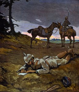 الحرب العالمية الأولى (1914-1918): قام الفرسان الألمان بالاستطلاع عام 1914. كانوا يرتدون خوذات مسننة. لوحة أوتو فليشنر لمجلة "Jugend". القرن ال 20 بواسطة أوتو فليشتنر