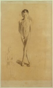 صبي عارٍ مع أرجل متقاطعة ، أسفل الرسم الأيسر لصبي جالس