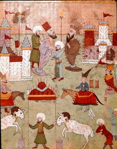 Festivities organized on the occasion of the circumcision of the son of the Ottoman Sultan Murad II (Murat) (1404-1451), preparation of fireworks Miniature of the 16th century Istanbul, Topkapi Sarayi Museum Library بواسطة المدرسة العثمانية