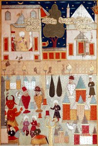 احتفالات بمناسبة ختان نجل السلطان العثماني مراد الثاني (مراد) (1404-1451) ، تحضير الألعاب النارية المنمنمة من القرن السادس عشر ، اسطنبول ، مكتبة متحف توبكابي سراي بواسطة المدرسة العثمانية