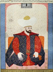 الإمبراطورية العثمانية: "صورة للسلطان العثماني مراد الأول (1326-1389)" منمنمة من المخطوطة (الآنسة 1973 ، الورقة 62 أ) "" زبدة الطوارخ "(زبدة الطوارخ) (كريم القصص) بقلم المؤرخ سيد لقمان عاشوري 1538. متحف الفن التركي والإسلامي بواسطة المدرسة العثمانية