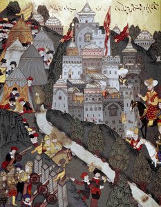 Ottoman Empire: Sultan Bayezid I (Bajazet) (1360 around 1402) returned victorious to the city of Nicopolis after the battle of the same name on 25/09/1396. 16th century miniature. Istanbul, Topkapi Sarayi Museum Library بواسطة المدرسة العثمانية