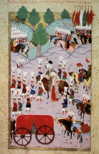 الامبراطورية العثمانية: تمثيل السلطان سليمان (سليمان) قلت الرائع (1520-1566) وجيشه. صورة مصغرة من "Hunername" بقلم Lokman ، المجلد. 1 (H 1523، f.7) 1584 مكتبة متحف توبكابي سراي اسطنبول بواسطة المدرسة العثمانية