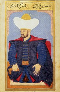 صورة لسلطان الدولة العثمانية مراد الأول (1326-1389) منمنمة من مخطوطة "" علم الفراسة البشري (حول الترتيبات الشخصية للعثمانيين) لسيد لقمان حسين. (السيدة ty6087 ، الورقة 27 ب) بواسطة المدرسة العثمانية