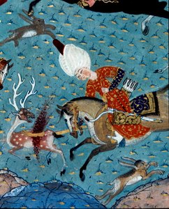 Representation of the courtiers of Sultan Murad II (Murat) (1404-1451) hunting deer and hare Detail. 17th century miniature. Istanbul, Topkapi Sarayi Museum Library بواسطة المدرسة العثمانية
