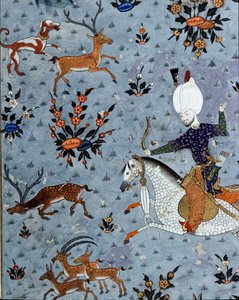 تمثيل رجال بلاط السلطان مراد الثاني (مراد) (1404-1451) صيد الغزلان التفاصيل. منمنمات القرن السابع عشر. اسطنبول ، مكتبة متحف توبكابي سراي بواسطة المدرسة العثمانية