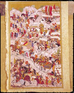 مخطوطة TSM H.1524 "اسم الجوني": سليمان القانوني (1494-1566) في معركة موهاكس عام 1526 ، من "كتاب التميز" للقمان بواسطة المدرسة العثمانية