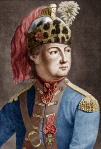 Knight of Eon (1728-1810), French secret agent for the king, he used to cross-dress, engraving colourized document بواسطة الأب جان بابتيست براديل