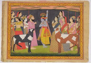 Krishna رفع جبل Govardhana ، من Bhagavata purana ، Kulu ، هيماشال براديش ، 1749 بواسطة مدرسة باهاري