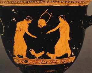 رجلان يشاهدان ديكيهما يتصارعان ... بواسطة الرسام مينيلاوس