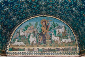 قس جيد. فسيفساء من الإطار فوق باب مدخل Mausolee of Galla Placidia ، حوالي 425 (فسيفساء)