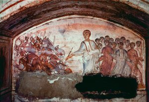 Paleochretian Art (period of ancient Rome): Passage of the Red Sea. Fresco of the Catacombe of Via Latina in Rome. 4th century. - Paleochristian art (period of ancient Rome): the crossing of the Red Sea. Fresco from the Catacomb of Via Latina. 4th century 