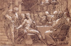 عشاء القديس غريغوري ، رسم لباولو فاريناتي (1524-1606) ، ألوان مائية رمادية-بنية ، قلم رصاص ، رصاص أبيض ، وقلم رصاص أسود ، إيطاليا بواسطة باولو فاريناتي