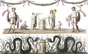 اللوحات الجدارية من لاراريوم منزل خاص في بومبي ، من "Le Costume Ancien et Moderne" بواسطة Jules Ferrario ، نُشرت في الفترة ما بين 1820 و 30 ثانية (لون ليثو) بواسطة باولو فوماجالي