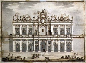 تصميم واجهة ، ربما لـ "Festa della Chinea" عام 1766 (قلم وحبر بني وغسل بالورق) بواسطة باولو بوسي