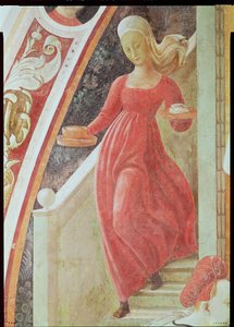 ولادة العذراء ، تفاصيل خادم خادمة ينزل درج ، من دورة جدارية لحياة العذراء وسانت ستيفن ، من كنيسة Cappella dellAssunta Chapel of the Assumption 1433-3 بواسطة باولو أوشيلو