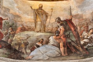 لوحات جدارية لباولو دي ماتيس مؤرخة في عام 1714 على القبو وعلى الأسطوانة تصور حياة القديس، كنيسة سان كاتالدو في الكاتدرائية، تارانتو، إيطاليا (الصورة)