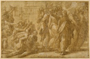 المسيح مع تلاميذه يشفي البرص (قلم وحبر وغسول ولون جسم على ورق) بواسطة Parmigianino (1503 40)