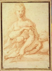 The Virgin playing with the Child on her lap (red chalk on white paper) بواسطة بارميجيانينو