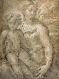 Virgin with the Child on her lap (black chalk with brown wash & white body colour on paper)
