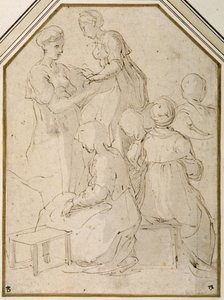 Domestic group, two standing women and four sitting (pen & brown ink with a pale brown wash on white paper) بواسطة بارميجيانينو