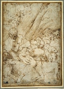 Shepherd boy holding a pipe, resting under a tree with his dog among their flock (pen & brown ink on paper) بواسطة بارميجيانينو
