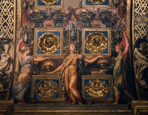 Three wise virgins, detail of Three wise virgins and three foolish virgins, by Francesco Mazzola known as Il Parmigianino, fresco, underside of the arch of the presbytery, Shrine of Santa Maria della Steccata, Parma, Emilia-Romagna. Italy بواسطة بارميجيانينو