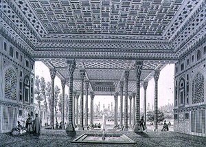 منظر داخلي لجناح المرايا ، أصفهان ، اللوحة 35 من "الآثار الحديثة لبلاد فارس" ، نقشها كلود سوفاجوت (1832-1885) وجان تشارلز هوغيت بواسطة باسكال كزافييه (بعد) كوست