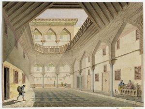 منظر داخلي لعربة منزل قافلة منزل عزير عثمان آغا. لوحة مائية لباسكال كوست (1787-1879) متحف آثار البحر الأبيض المتوسط ، مرسيليا