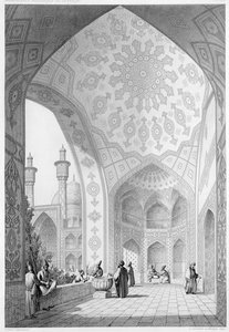 دهليز المدخل الرئيسي لمدرسة الشاه حسين ، أصفهان ، اللوحة 21 من "الآثار الحديثة لبلاد فارس" ، نقشها كلود سوفاجوت (1832-1885) وموراغ ، 1856 بواسطة باسكال كزافييه كوست